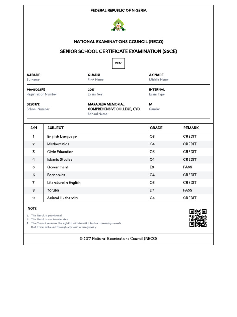 NECO Results Portal PDF