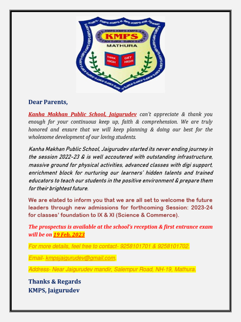 KMPS Jaigurudev Admissions 2023-24 | PDF