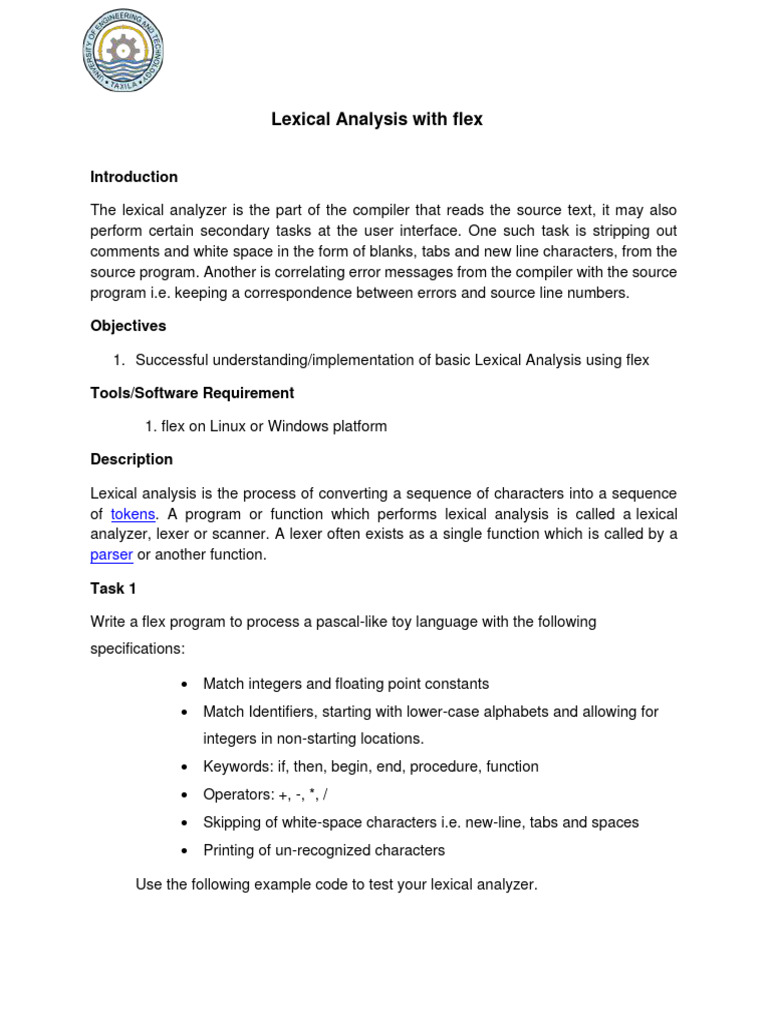 Assignment 1 lexical analysis using flex pdf