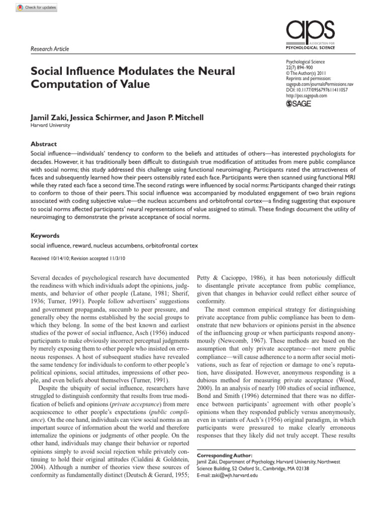 Zaki Et Al 2011 Social Influence Modulates The Neural Computation of ...