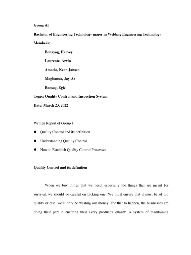 Group 1 - Quality Control Written Report | PDF | Business
