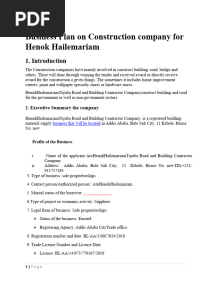 Business Plan For Henok Hailemariam Constructions Company