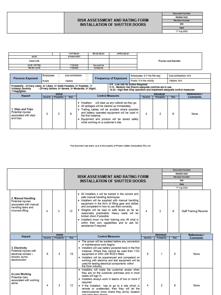 Risk Assessment Roller Shutter Door | PDF