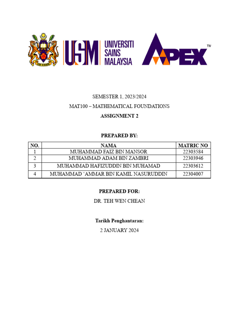 Assignment 2 Mat100 Faiz Adam Ammar Hafizuddin Pdf