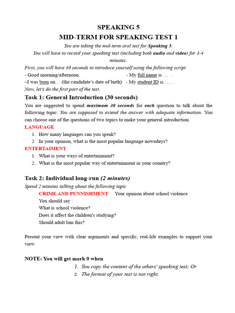 Speaking 5 MidTerm Test 1 PDF
