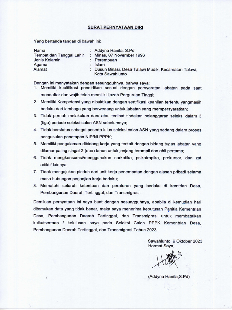 Surat Pernyataan Diri 142 | PDF