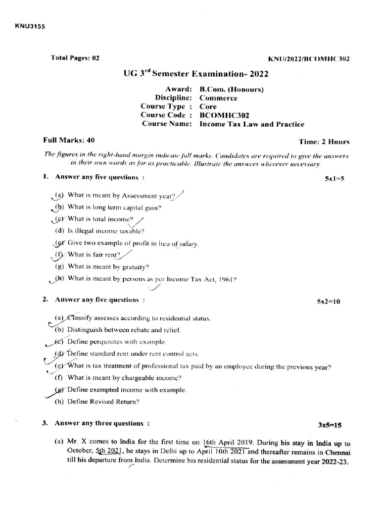 Bcom 3 Sem Hons Commerce Income Tax Law and Practice Bcomhc302 2022 | PDF
