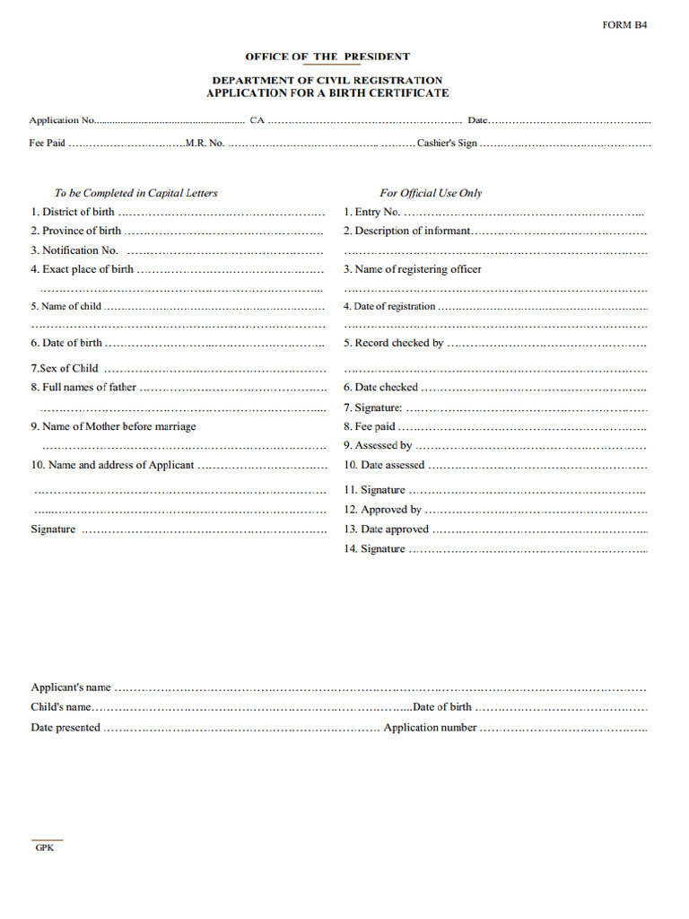 Kenya Birth ApplicationBirthCertificate Form-B4 | PDF