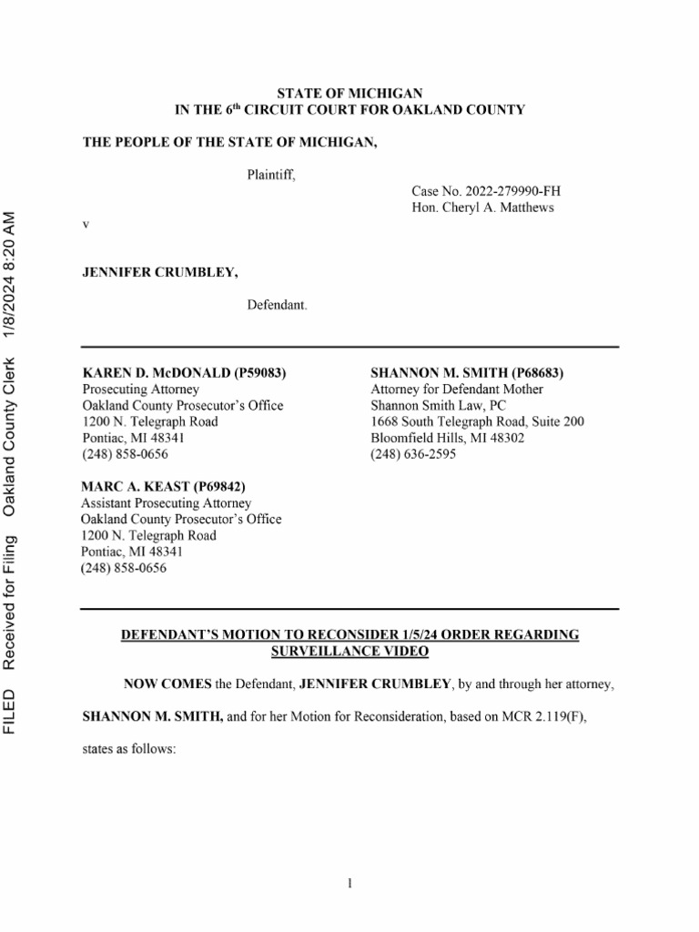 Jennifer Crumbley Motion To Reconsider Surveillance Video Evidence. PDF
