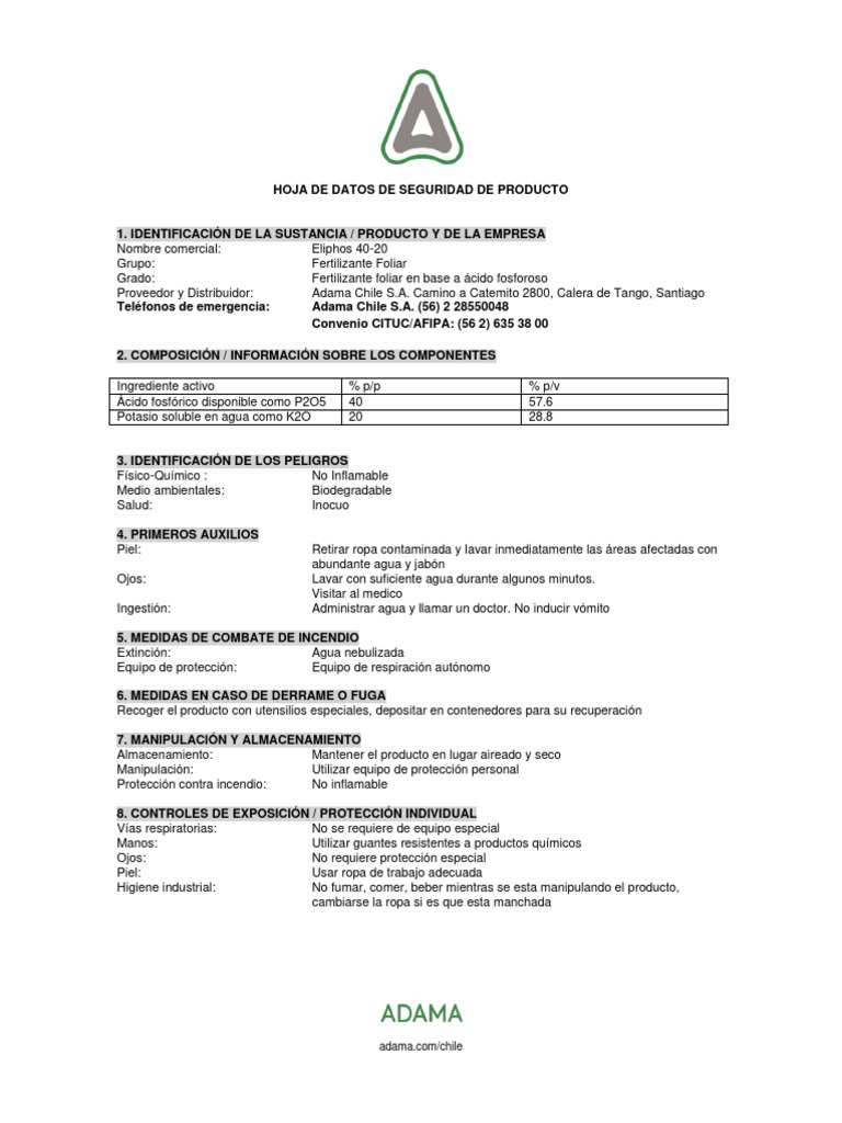 Hoja de Seguridad: Eliphos 40-20 | PDF | Agua | Fertilizante
