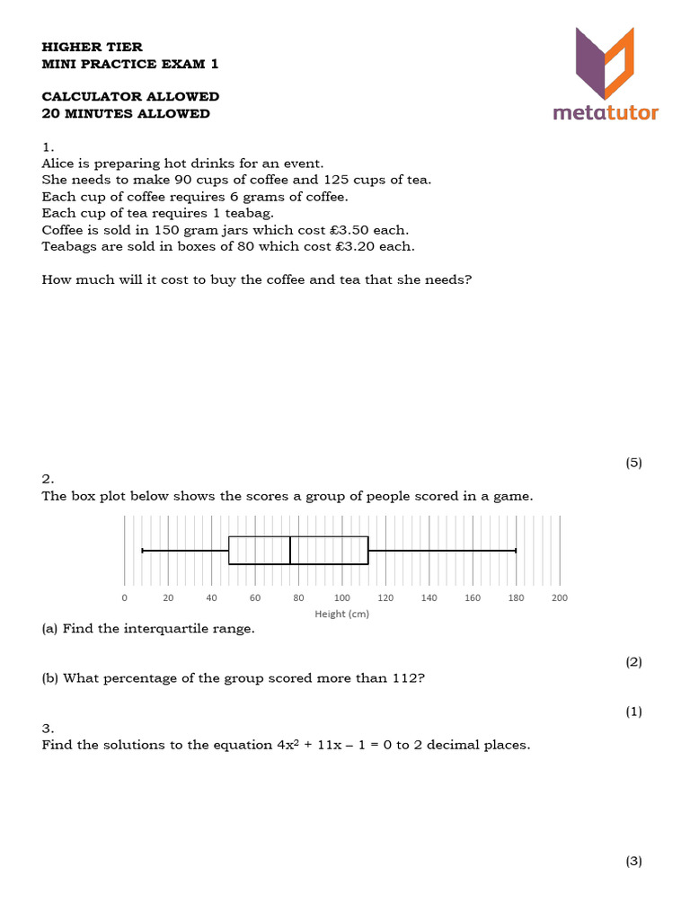Mini Practice Exam: Math Problems | PDF
