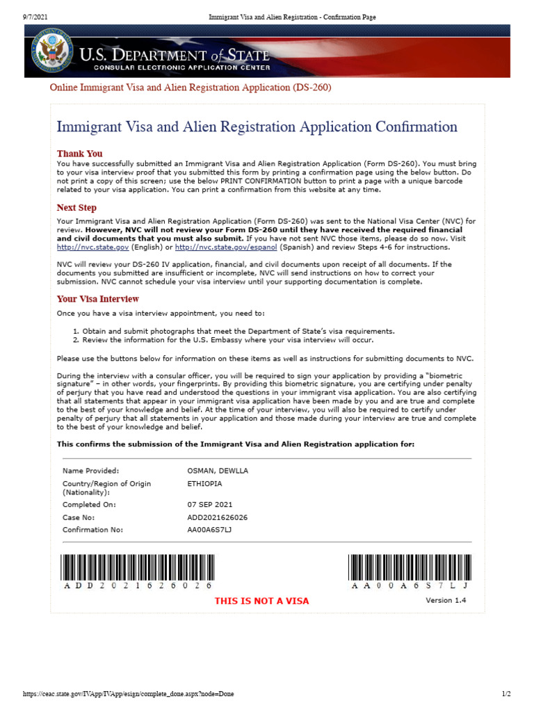 Immigrant Visa and Alien Registration - Confirmation Page | PDF ...