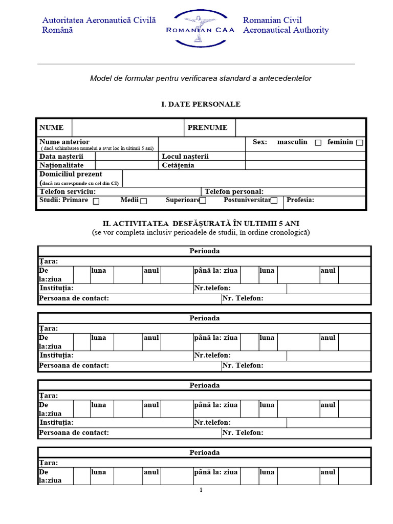 Model de Formular Pentru Verificarea Standard A Antecedentelor | PDF