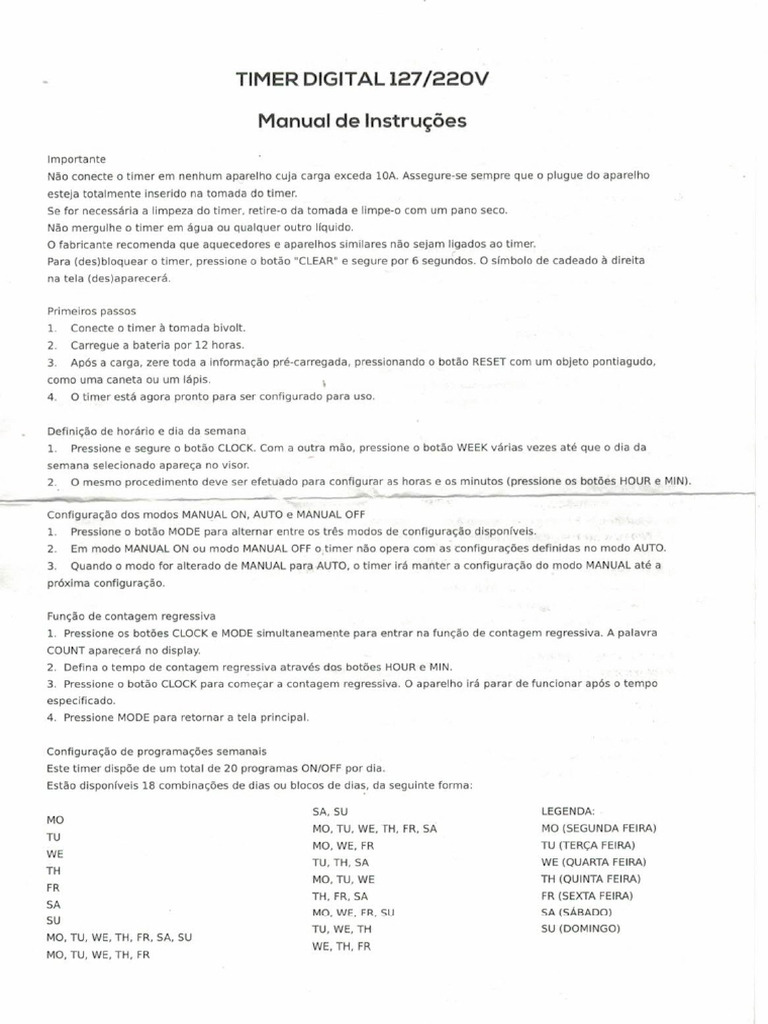 Manual de Configuração do Timer Digital | PDF