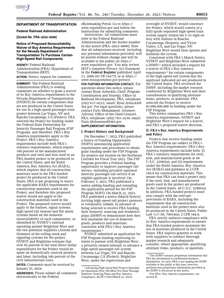 Fra Federal Register Request | PDF | Rail Transport | Transport