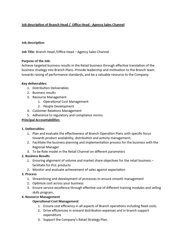 Branch Head Job Description - Agency Sales | PDF | Business | Finance ...