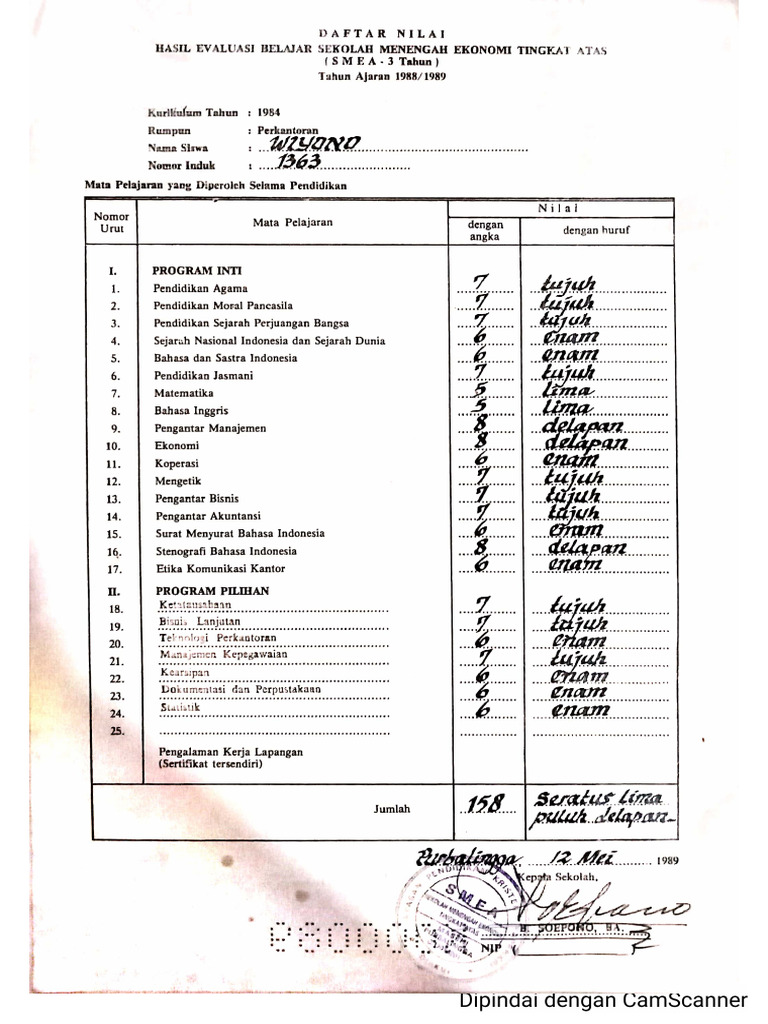 Contoh Nilai STTB | PDF
