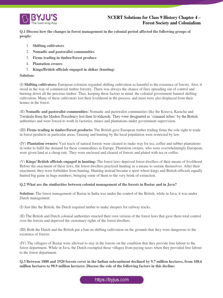 Ncert solutions for class 9 history chapter 4 forest society and