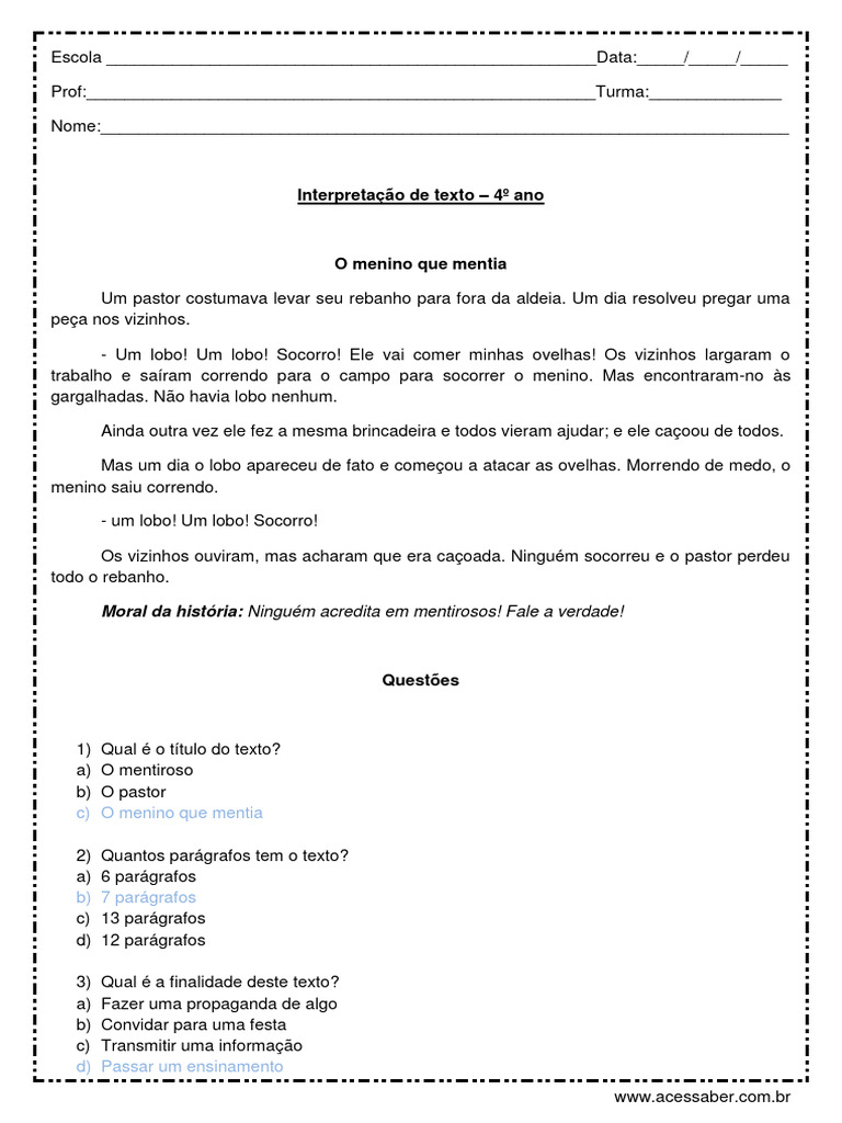 Interpretacao de Texto - o Menino Que Mentia - 4 Ano - RESPOSTAS | PDF