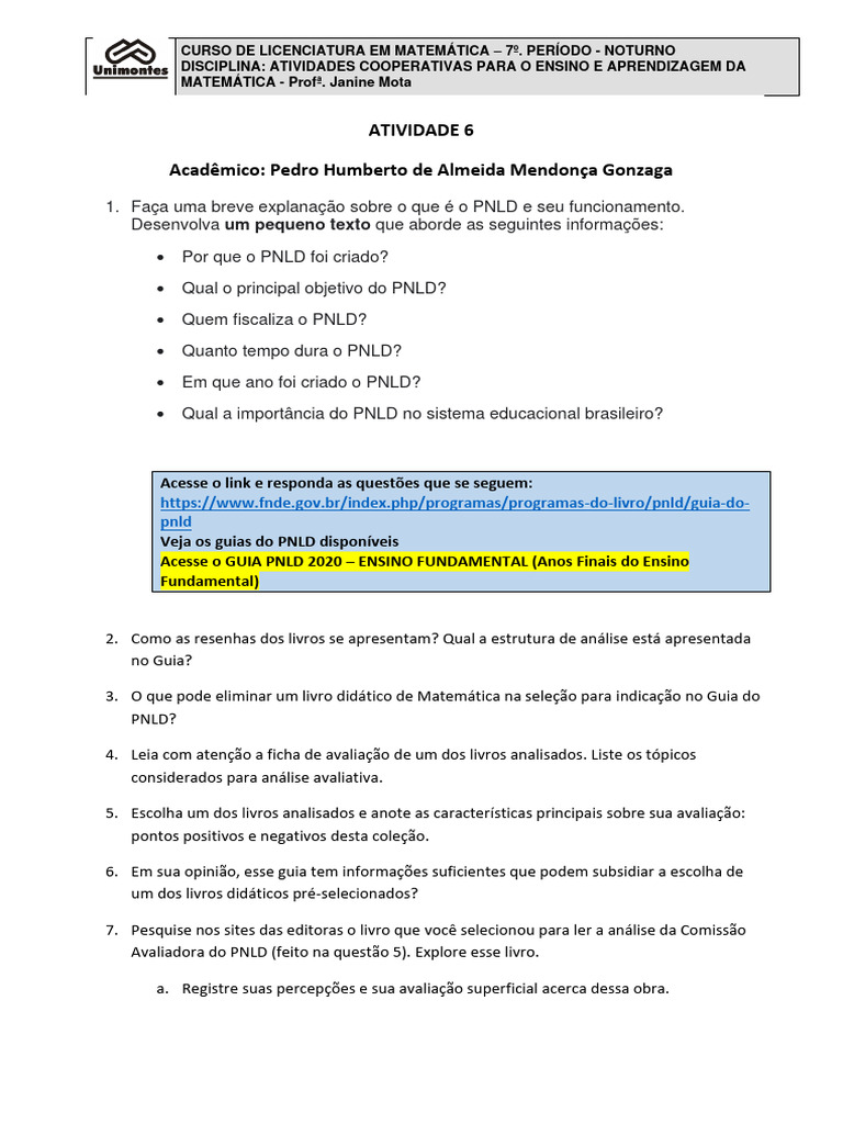 Atividade 06 - PNLD - Ef | PDF | Pedagogia | Livros