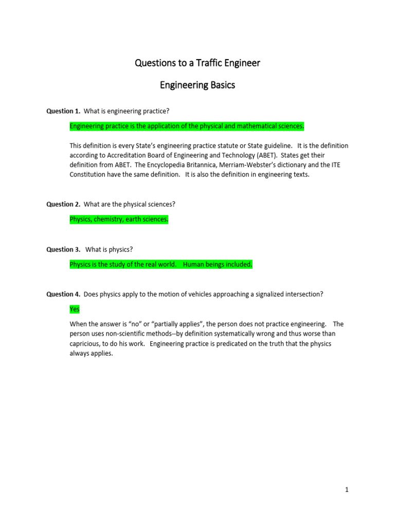 Questions To A Traffic Engineer With Key | PDF