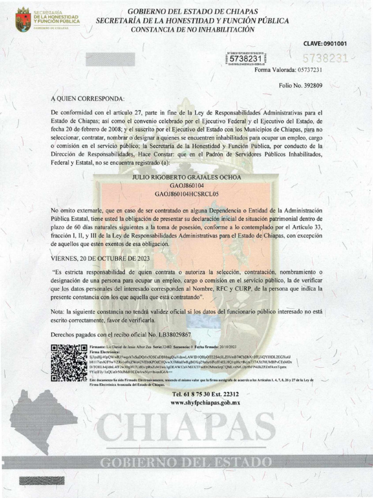 Constancia de No Inhabilitacion Octubre 2023. | PDF