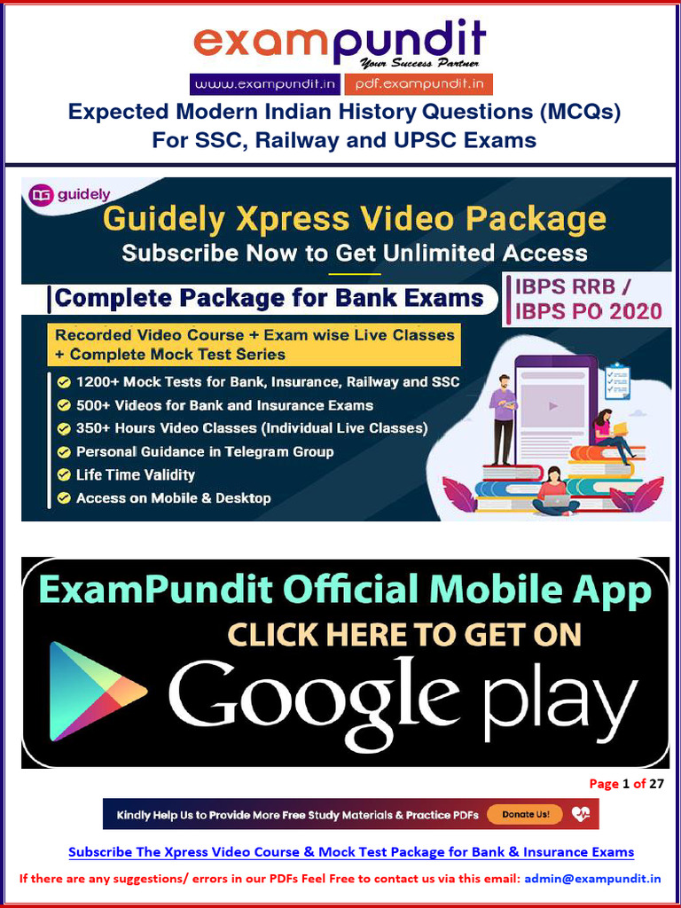 Modern Indian History MCQs for Exams | PDF