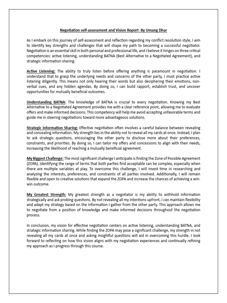 Negotiation Self-Assessment Report | PDF | Social Psychology | Cognition