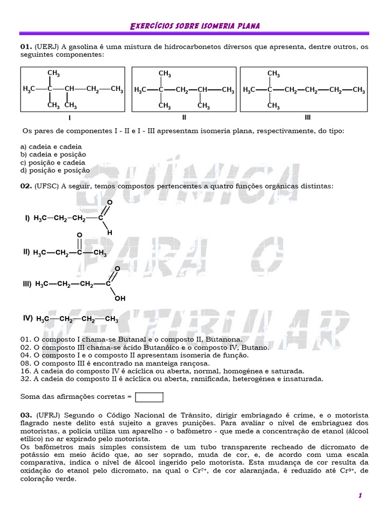 Exercicios Sobre Isomeria Plana I | PDF