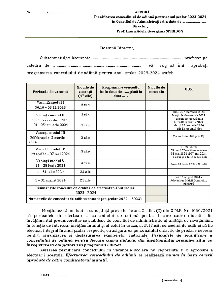 Cerere Programare Concediu 2023 - 2024 | PDF