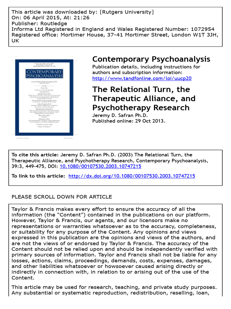 The Relational Turn, Safran 2003 | PDF | Psychoanalysis | Psychotherapy