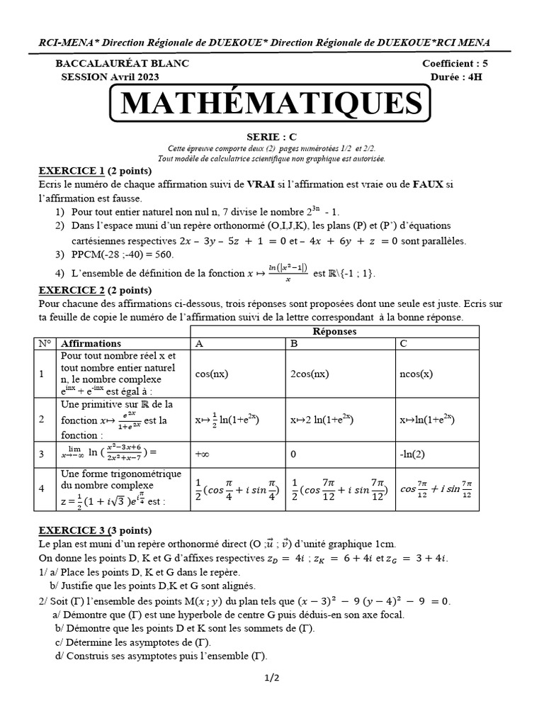 Baccalauréat Blanc Mathématiques Série C | PDF | Méthodes et références ...