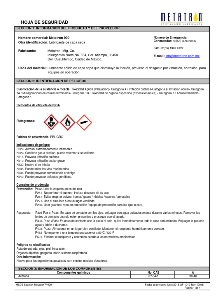 Metatron Lubritron 900 HDS | PDF | Agua | Química