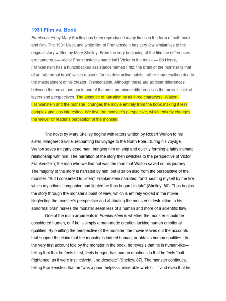 1931 Frankenstein Film vs. Shelley Novel | PDF | Frankenstein