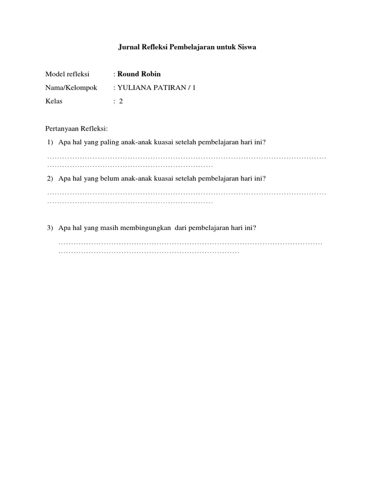 Jurnal Refleksi Pembelajaran Siswa | PDF | Karier & Perkembangan