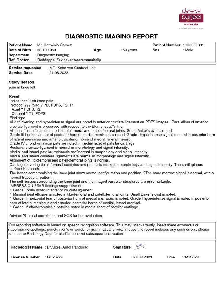 Diagnostic Imaging Report: Patient Name: Mr. Herminio Gomez Age Sex ...