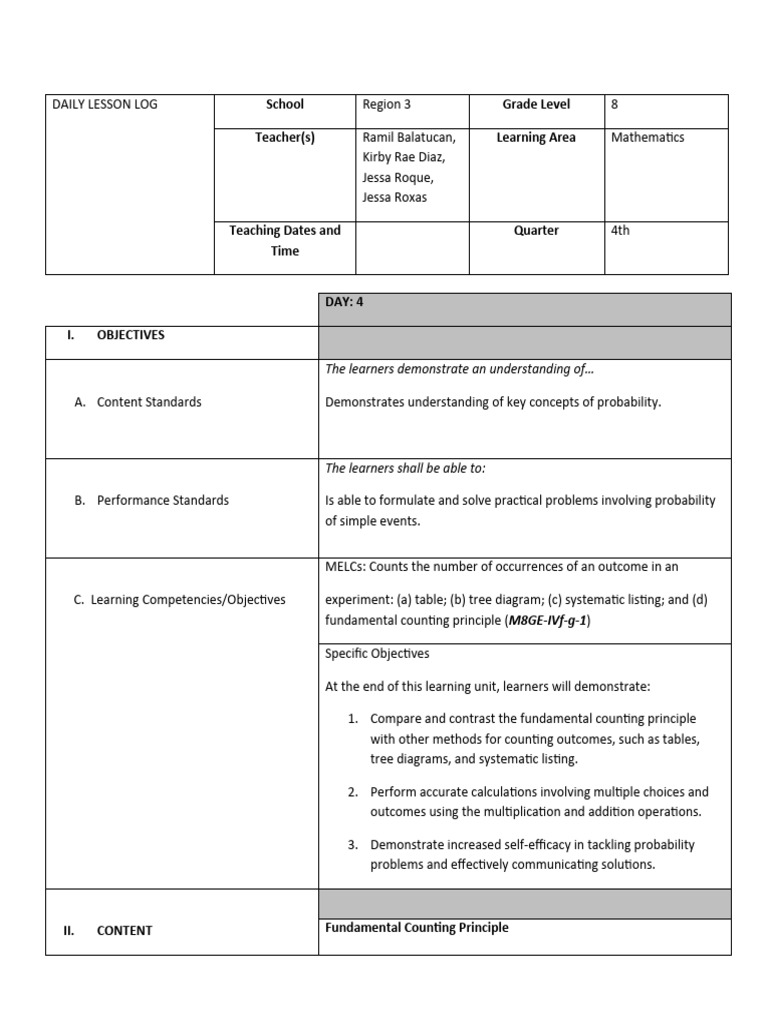 Grade 8 Probability Lesson Plan | PDF | Learning | Cognitive Science