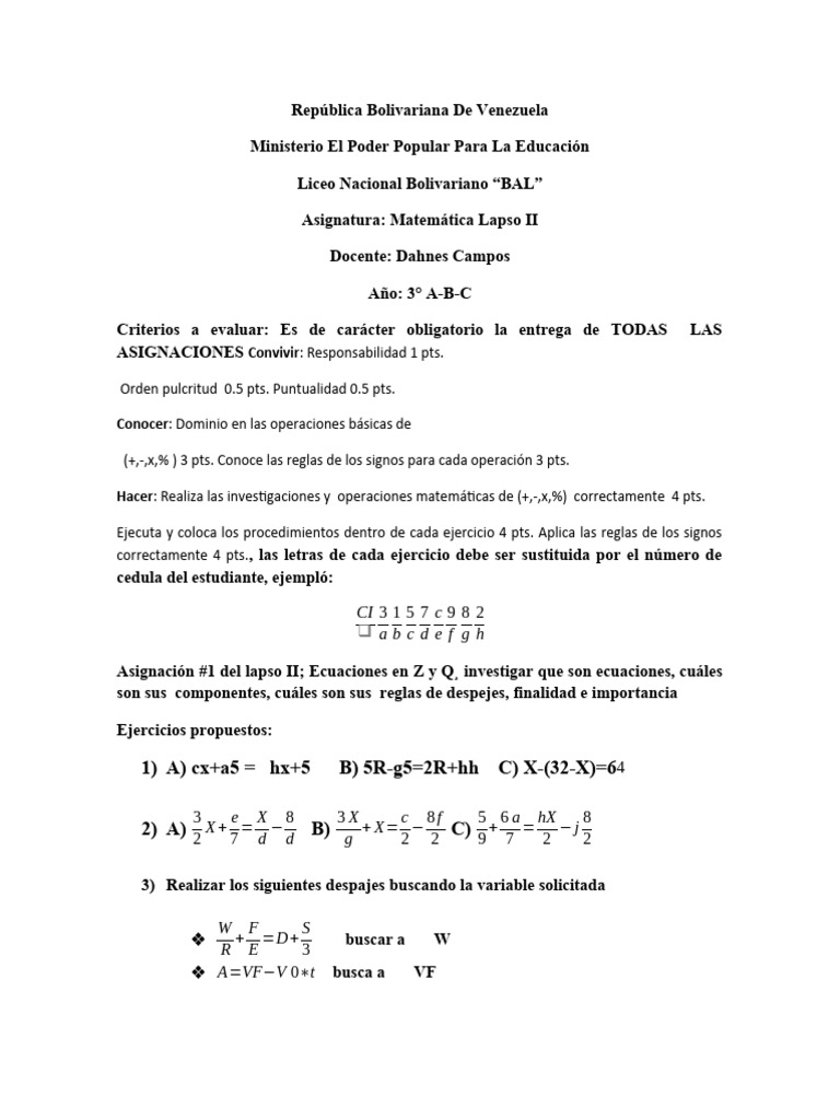 Asignaciones de Matemática Lapso II | PDF | Entero | Sustracción