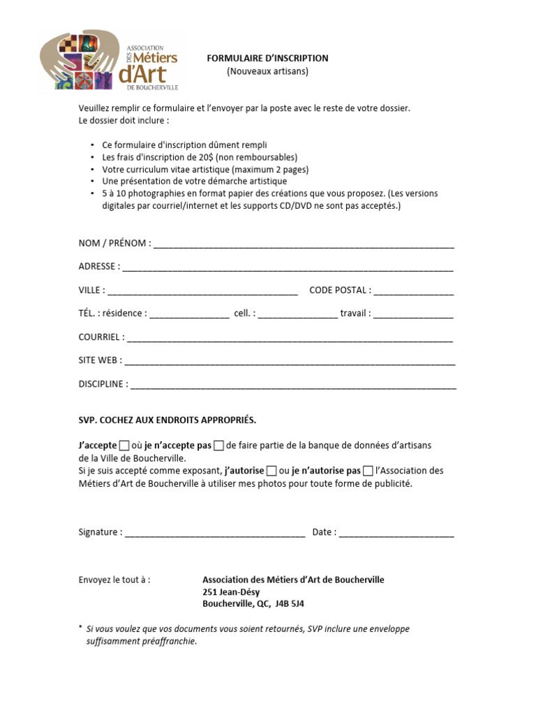 Formulaire d'inscription artisans | PDF