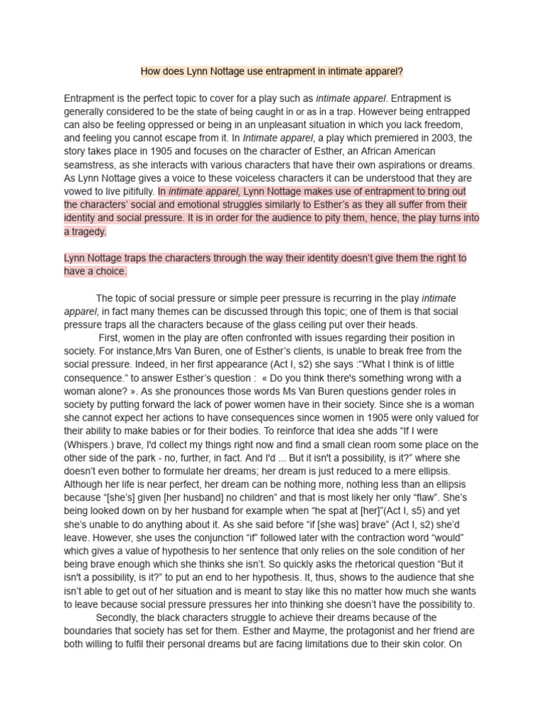 How Does Lynn Nottage Use Entrapment in Intimate Apparel PDF