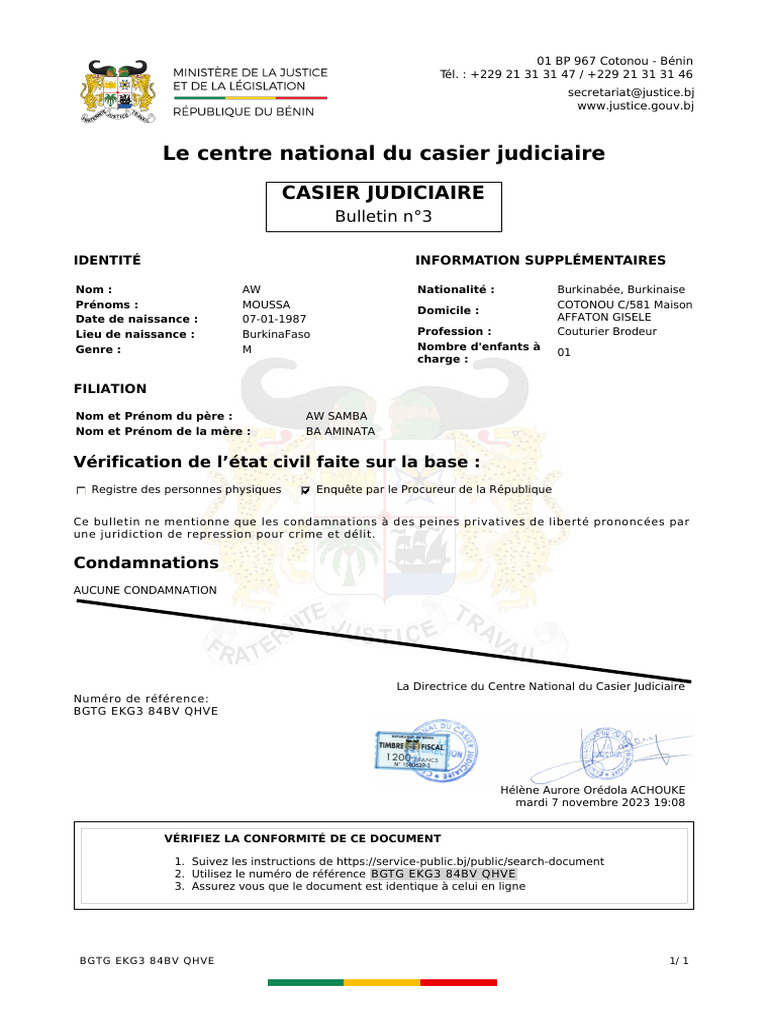 Bulletin n°3 du casier judiciaire AW | PDF | Justice | Crime et violence
