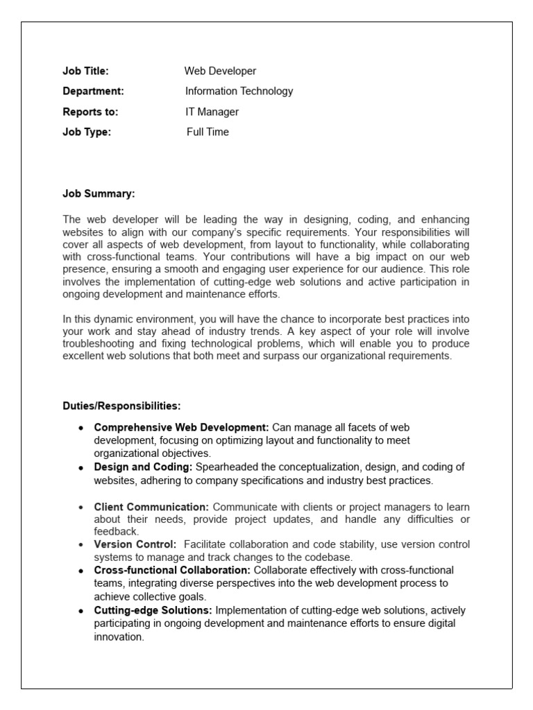 Web Developer Job Description & Benefits | PDF