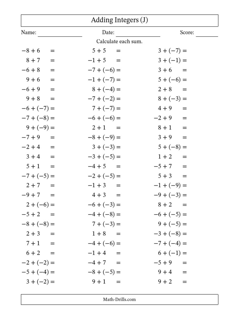 Integers Addition Negative Parentheses - 09to09 010.1694538934 | PDF ...