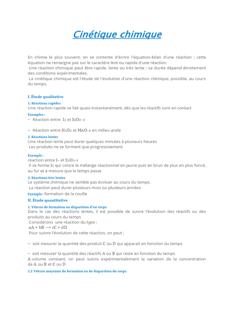 Cinétique des Réactions Chimiques | PDF | Cinétique chimique ...