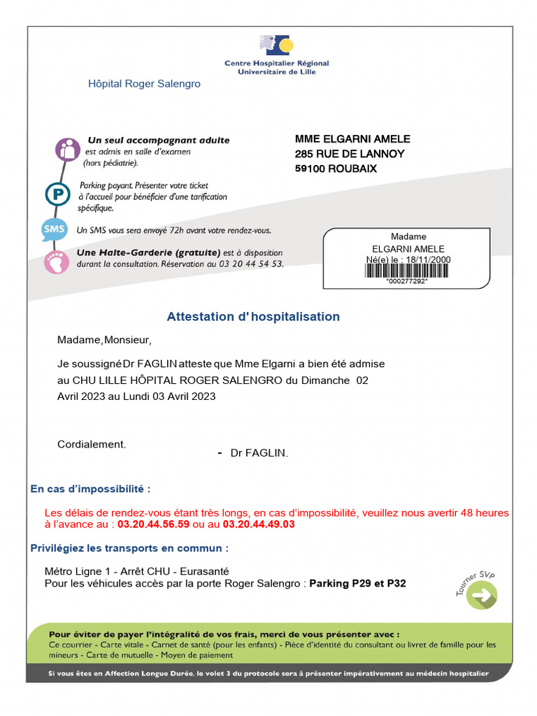 Attestation d'hospitalisation - Mme Elgarni | PDF