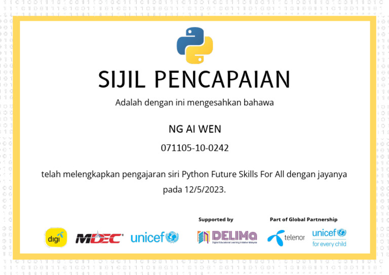 Sijil Pencapaian Python FS4A - NG AI WEN | PDF