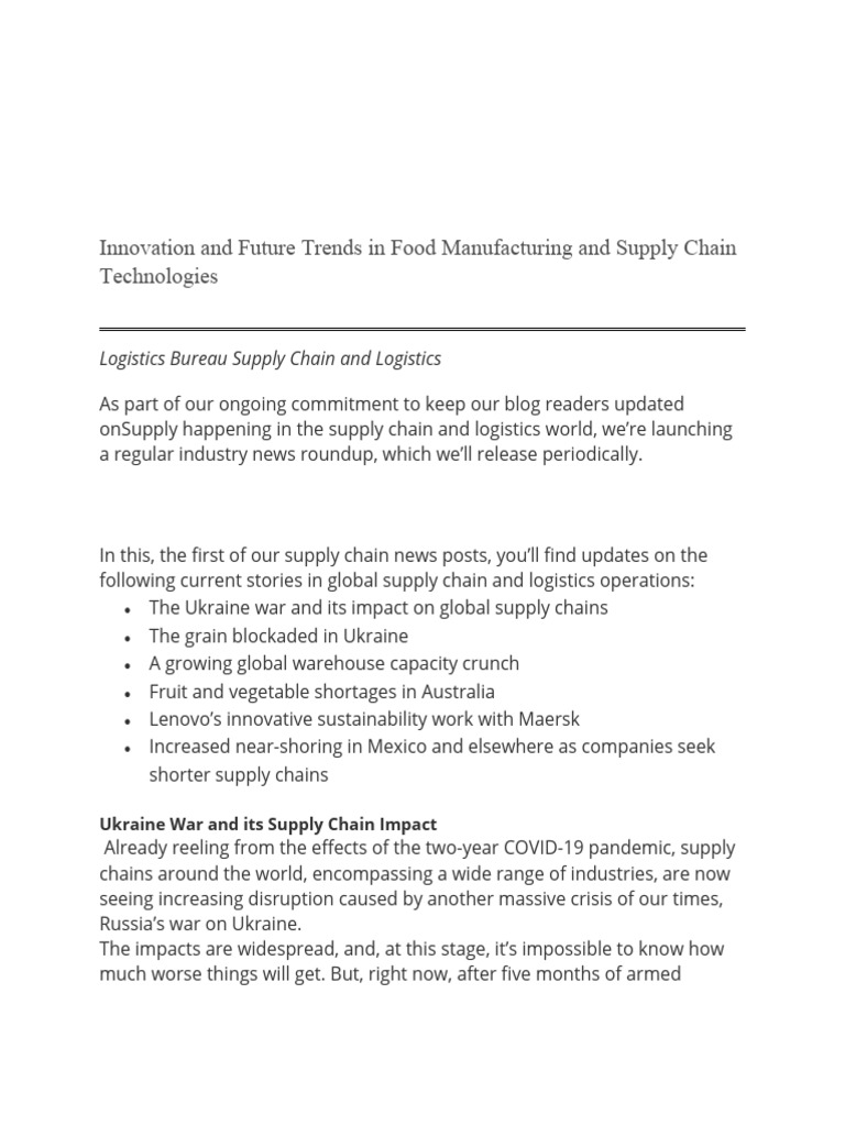 Innovation and Future Trends in Food Manufacturing and Supply Chain