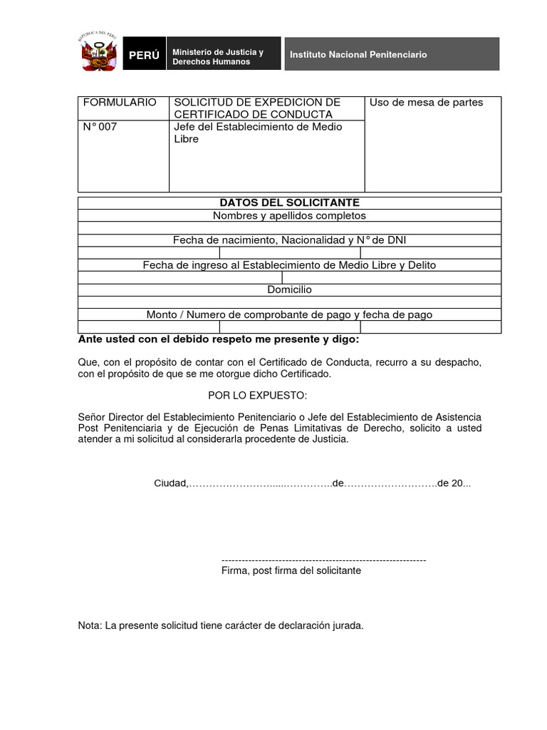 Formulario 007 Solicitud de Expedicion de Certificado de Conducta | PDF