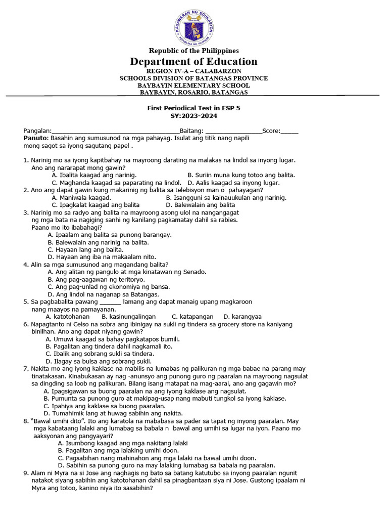 First Periodical Test In Esp 5 Pdf