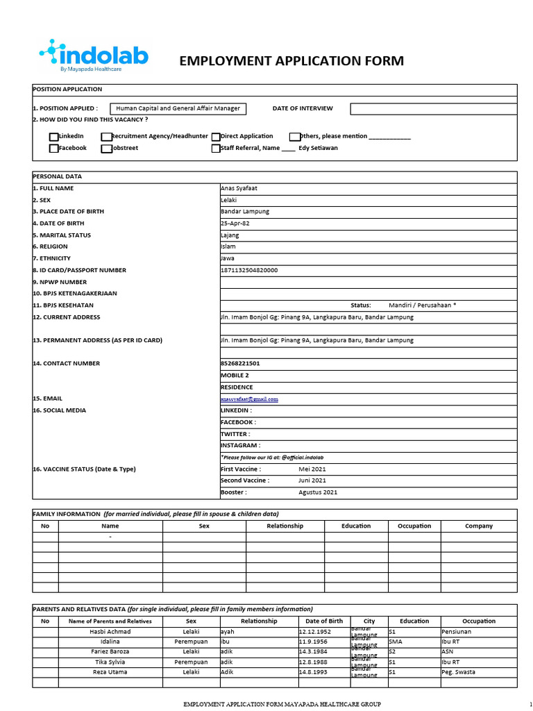 Application Form - Indolab Mayapada Healthcare Group (37) Z | PDF ...
